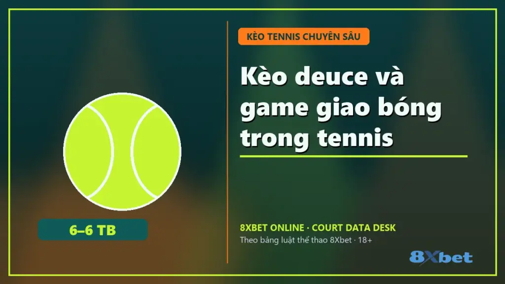Kèo deuce và game giao bóng trong tennis – tiêu đề trên thẻ sân đấu teal và cam