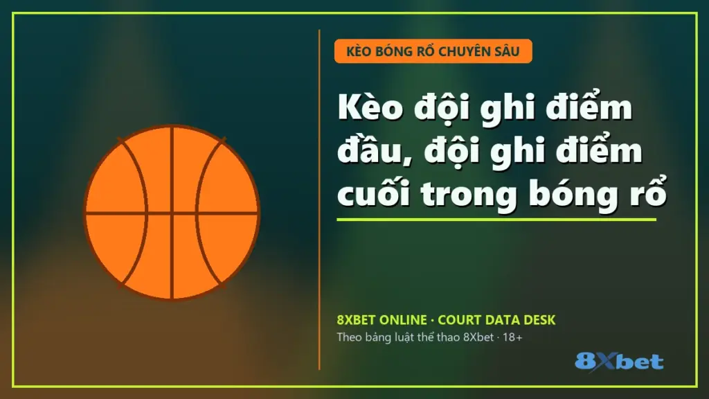 Kèo đội ghi điểm đầu, đội ghi điểm cuối trong bóng rổ – tiêu đề trên thẻ sân bóng rổ xanh teal và cam