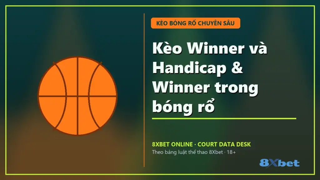 Kèo Winner và Handicap & Winner trong bóng rổ – tiêu đề trên thẻ sân bóng rổ xanh teal và cam